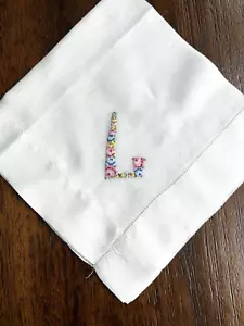 Vintage Taschentuch Taschentuch Floral Micro bestickt Petit Point Monogramm "L" - Bild 1 von 3