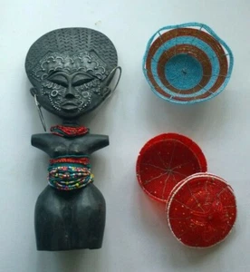 African Tribal Carved Wooden Fertility Akuaba God Statue Goddess Beaded bowls - Picture 1 of 2