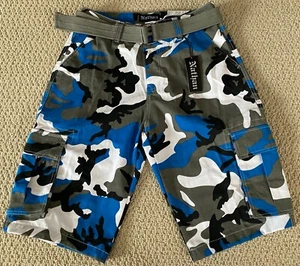 NWT Men's Nathan Blue Gray Camouflage Camo Belted Cargo Pocket Shorts ALL SIZES - Picture 1 of 9
