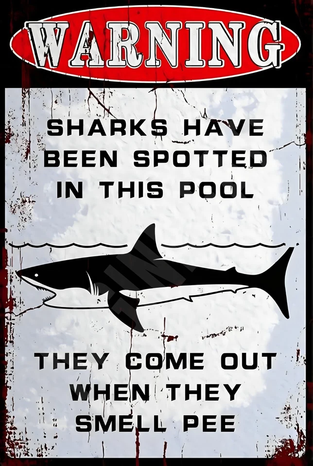 Letrero divertido de metal de aluminio de 8" x 12" de tiburones manchados en la piscina v2 Foto 1 de 1