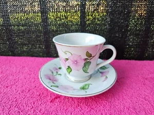 Set tazze da tè e piattini Teleflora fiori rosa e verdi con bordo oro vintage 1980 - Foto 1 di 7