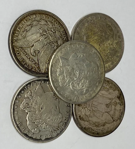 Lot of 5 1921 Morgan Silver Dollars - $5 Face 90% - Bullion - Issues 1/4 Roll Cover