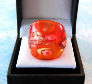 Bohemian Fire Red Floral theme Hand Blown Glass Bling Ring - Size 7.0 - Picture 1 of 3