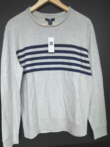 GAP Mens Sweater Heather Gray Navy Blue SIZE Small Cotton Striped Pullover NEW - Picture 1 of 3