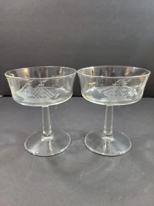 2er Set Clipper Schiff geätzt geschliffenes Glas Cocktail groß Sherbet Gläser 5" - Bild 1 von 8
