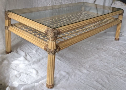 Vintage Rattan Bamboo Coffee Table Glass Top McGuire Style USHIP Delivery Avail Cover