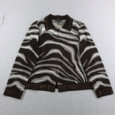 Chaqueta Ming Wang Mujer Grande Marrón Estampado Animal Tachonada Adornada Cremallera Completa Foto 1 de 4