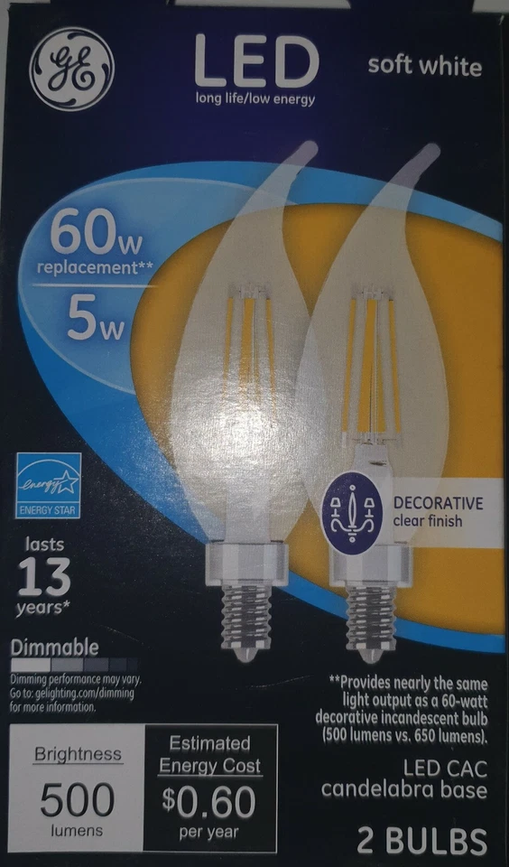 GE 23265 CAC LED 5W 500 Lumens 80 CRI Candelabra E12 Dimmable Qty 12 - Image 1 of 3
