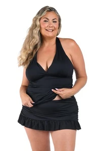 La Blanca Womens Island Goddess Rouched Front Halter Swimsuit Top Black 4 - Picture 1 of 8