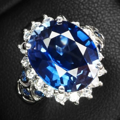 Graciosos anillos de oro blanco de plata de ley 925 de 5,95 quilates con zafiro azul real talla 6 Foto 1 de 4