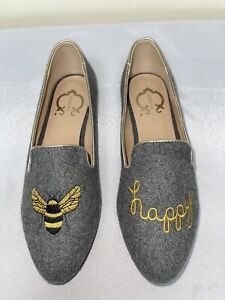C Wonder Bee Happy Slip-on Embroidered Flats Slides Heather Gray Sz 6.5 NEW