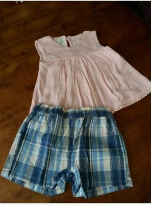 KOALA KIDS Girl's Spring summer set 2pcs pink butterflies shirt+ plaids short 2T - Image 1 of 4