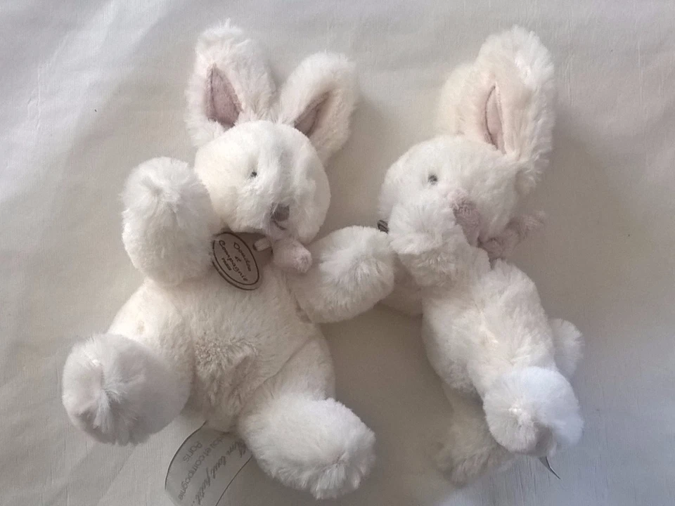 lot de 2 Doudou et compagnie Lapin  blanc marron creme 16cm bonbon petit modele  - Photo 1/1
