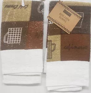 Set of 2 Same Printed Cotton Terry Towels (15"x25") COFFEE TYPES SQUARES, KQ - Picture 1 of 11