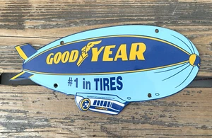 VINTAGE GOODYEAR TIRES BLIMP TYRES SALES & SERVICE PORCELAIN GASOLINE GAS SIGN - Picture 1 of 12