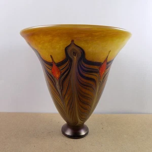 John & Heather Fields Art Glass Pulled Feather Vase Bowl Signed Iridescent - Picture 1 of 6