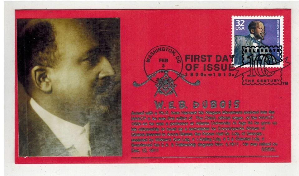 EDSEL MASONIC FDC & TEXT 3182L WEB DUBOIS ON RED ENV. BLACK HERITAGE - Image 1 of 1