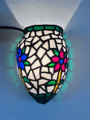 Pair of Tiffany Style Stained Glass Wall Sconces - Floral Mosaic Vintage Lights - Image 1 of 4