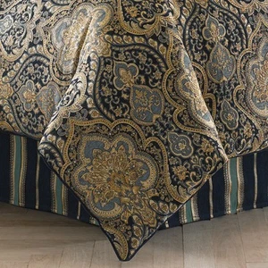 Five Queens Court Palmer Woven Chenille 4 Piece Comforter Gold, Teal, Navy Blue - Picture 1 of 4