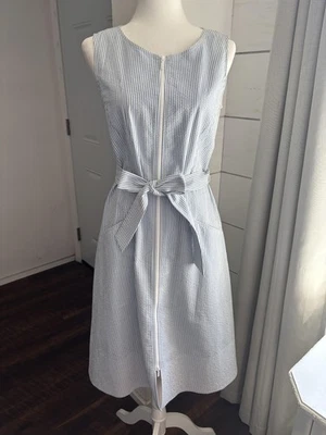 Lafayette 148 Dress Womens 4 Striped Belted Sleeveless Zip Pockets Summer Casual - Image 1 of 4