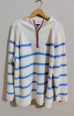 Suéter de manga larga Talbots para mujer blanco y azul a rayas 1/4 cremallera cuello falso talla XL Foto 1 de 4