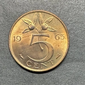 Netherlands 5 Cents 1963 Bronze KM#181 UNC Beautiful World Foreign Coin - Picture 1 of 2