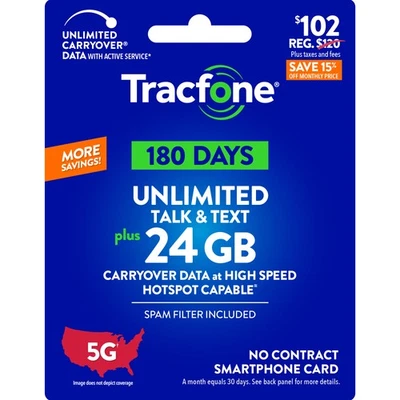 Tracfone $102 llamadas y mensajes de texto ilimitados, 24 GB de datos / 180 días (tarjeta física) Foto 1 de 4