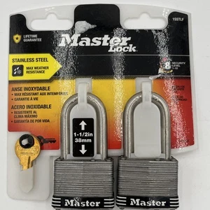 NEW!! 2PK Master Lock Stainless Steel Keyed Padlock 1.5” Shackle 2 Keys - 1SSTIF - Picture 1 of 3