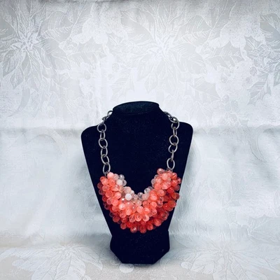 ANN TAYLOR LOFT necklace silvertone metal chain peachy orange bead vintage style - Image 1 of 4