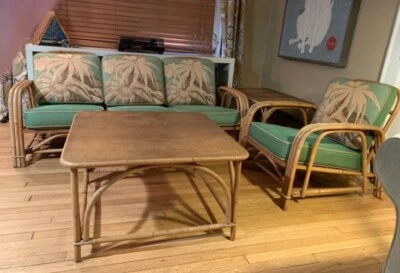 MCM 6 Piezas Ratán Bambú Seccional Sofá Silla Mesas Orig. Tela de cojines en muy buena condición Foto 1 de 4