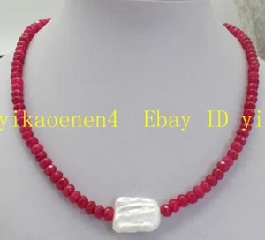 Collana di perle rondelle di giada rossa 4x6 mm e perle rettangolari bianche 15x20 mm 18'' - Foto 1 di 12