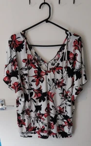 Papaya Chiffon Blouse Top Womens Size 14 Batwing Flutter Sleeves White Floral - Picture 1 of 7