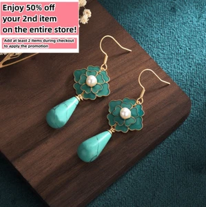Pendientes colgantes de piedras preciosas turquesa bohemia - Delicado gancho enchapado en oro de 18 quilates Cloisonne - Imagen 1 de 6