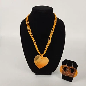 Amber Beaded Heart Necklace & 2 Matching Earrings Set - Picture 1 of 14