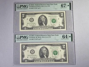 2013 $2 Federal Reserve Note New York PMG 67 & 64 EPQ* SUPERB GEM UNC x 2 Notes - Picture 1 of 7
