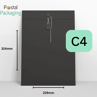 C4 A4 (324x229mm) Black String & Washer Envelopes Button Tie CHEAP Fast Delivery - Image 1 of 4