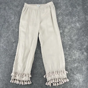 Crown & Ivy Pants Womens 4 Wide Leg 100% Linen Tan Tassels at Cuff Elastic Waist - Picture 1 of 12