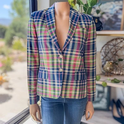 Ralph Lauren Plaid Jacket, Blue Label 100% Cotton w Shoulder Pads, Womens Size 2 - Image 1 of 4