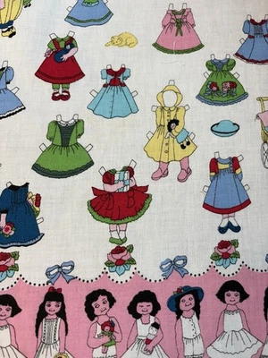 Vtg 1993 Pink Paper Doll Border Fabric Traditions Mouse Feathers 7/8 yd washed - Image 1 of 4