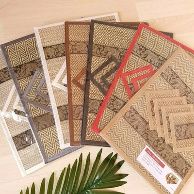 Handmade Thai Placemat Set Woven Straw Elephant Pattern Rectangular Dining Table - Image 1 of 4