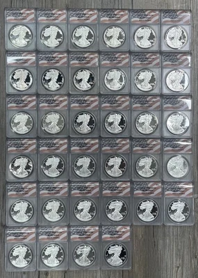 1986-2019 34 Coin Set Proof American Silver Eagle ANACS PF 69 UC in Cherry Box - Image 1 of 4