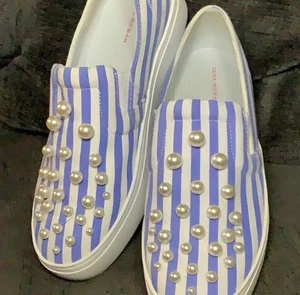 Zara Women Striped Pearl-Embellished Slip-On Sneakers Size 8.5-9 (EU 39) - Picture 1 of 6