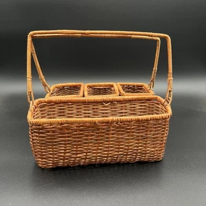 Vtg Wicker Basket Compartment Caddy Picnic Table Utensil Double Handle 4 Section - Picture 1 of 9