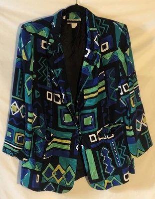 复古 Michael Taylor 女式 1X 蓝色绿色几何灯西装外套单扣 — 第 1/4 张图片