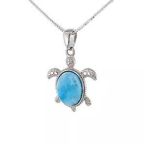 Larimar 12X10mm Oval Beautiful Sea Turtle Necklace .925 Sterling Silver - Picture 1 of 4