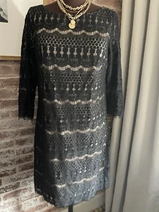 Jessica Howard Dress Black Lace Overlay Beige Lining Shift Dress 3/4 Sleeve 10 - Picture 1 of 7