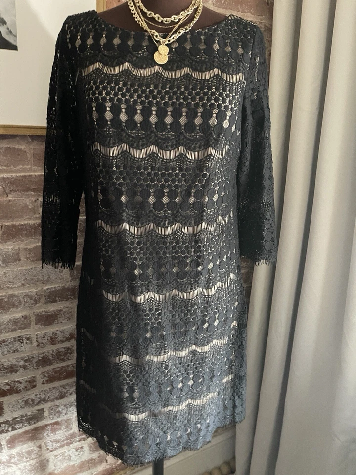 Jessica Howard Dress Black Lace Overlay Beige Lining Shift Dress 3/4 Sleeve 10 - Image 1 of 4
