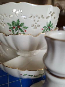 5 piece set of Lenox Holiday Vintage Candlesticks divided, perforated bowl... - Picture 1 of 10