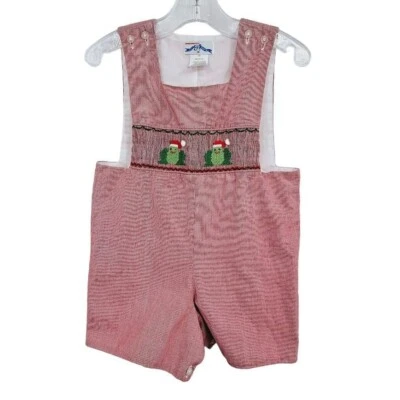 Silly Goose Hand Smocked Jon Jon Romper 18 Months Red Gingham Christmas Frogs - Image 1 of 4
