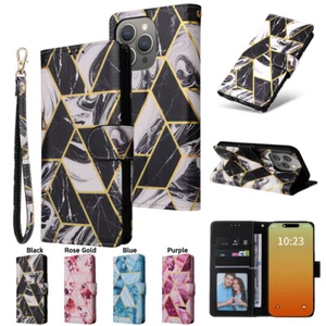 Marble Pattern Leather Wallet Case W / Strap For iPhone 17 Pro Max 16 15 11 X 6 - Picture 1 of 14